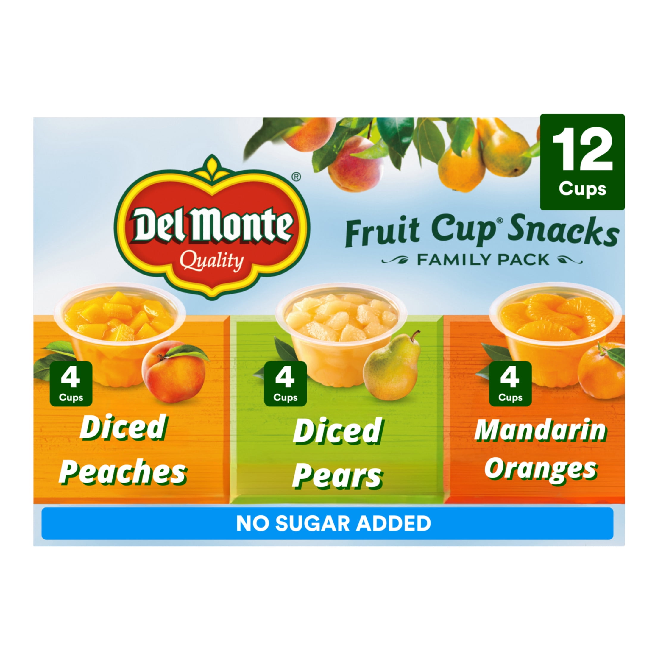 Del Monte Family Size No Sugar Added Fruit Cup Snacks, 4 oz (Pack of 12)