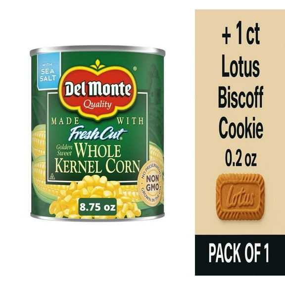 Del Monte Fresh Cut Golden Sweet Whole Kernel Corn 8.75 oz - Pack of 1 & Lotus Biscoff Cookie - 0.2 Oz - 1 ct