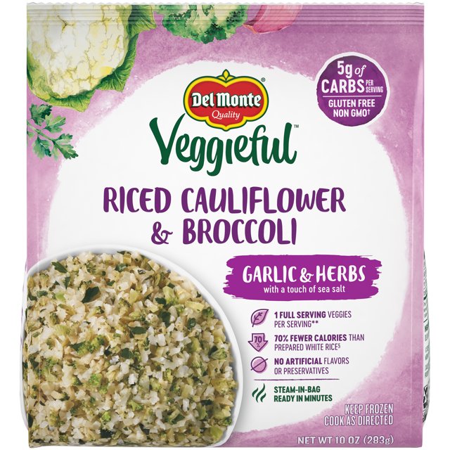 Del Monte Frozen Riced Cauliflower & Broccoli, Garlic and Herb 10 oz