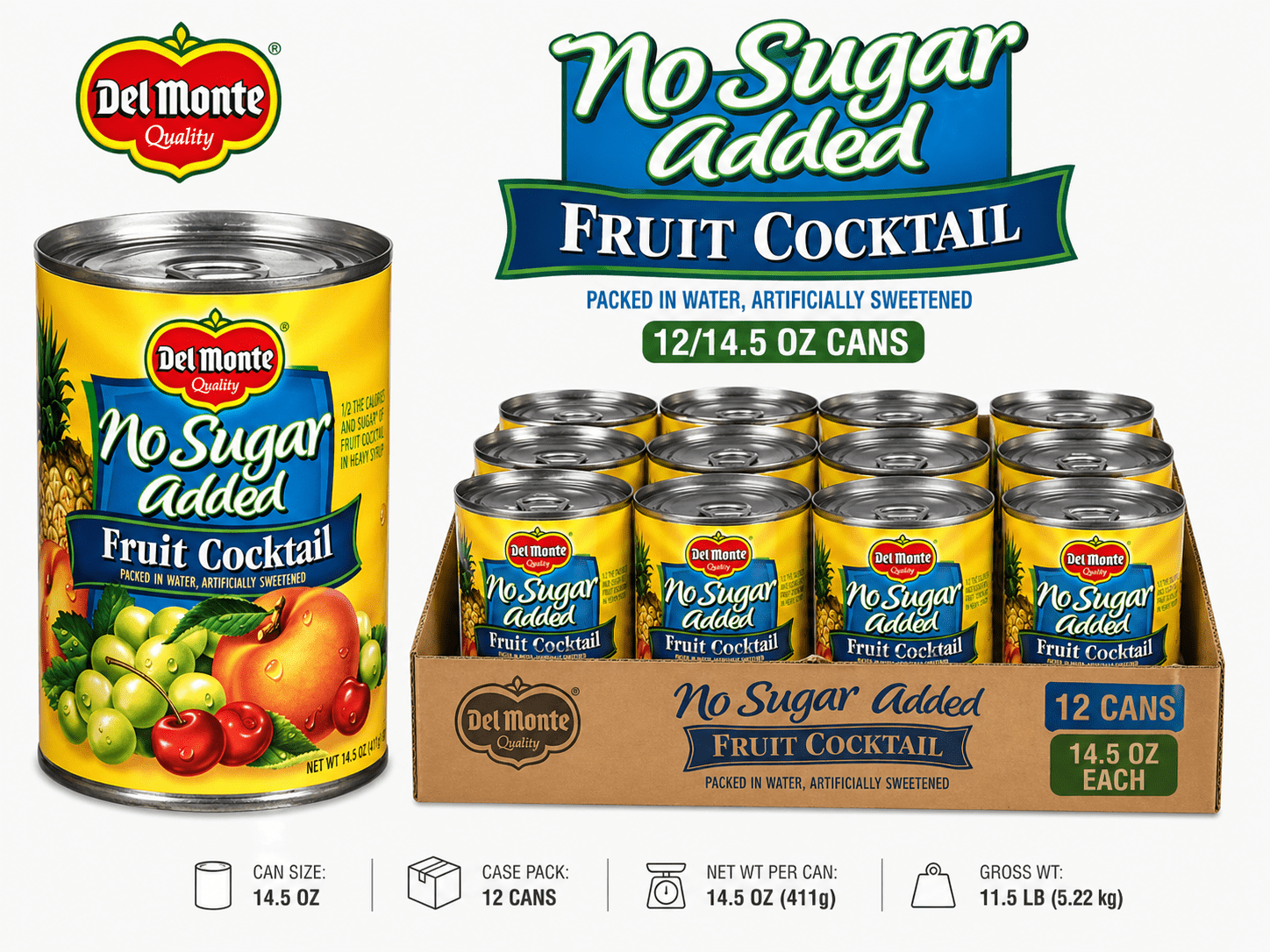 Del Monte Fruit Cocktail No Sugar Added, 14.5 oz Cans (Pack of 12 ...