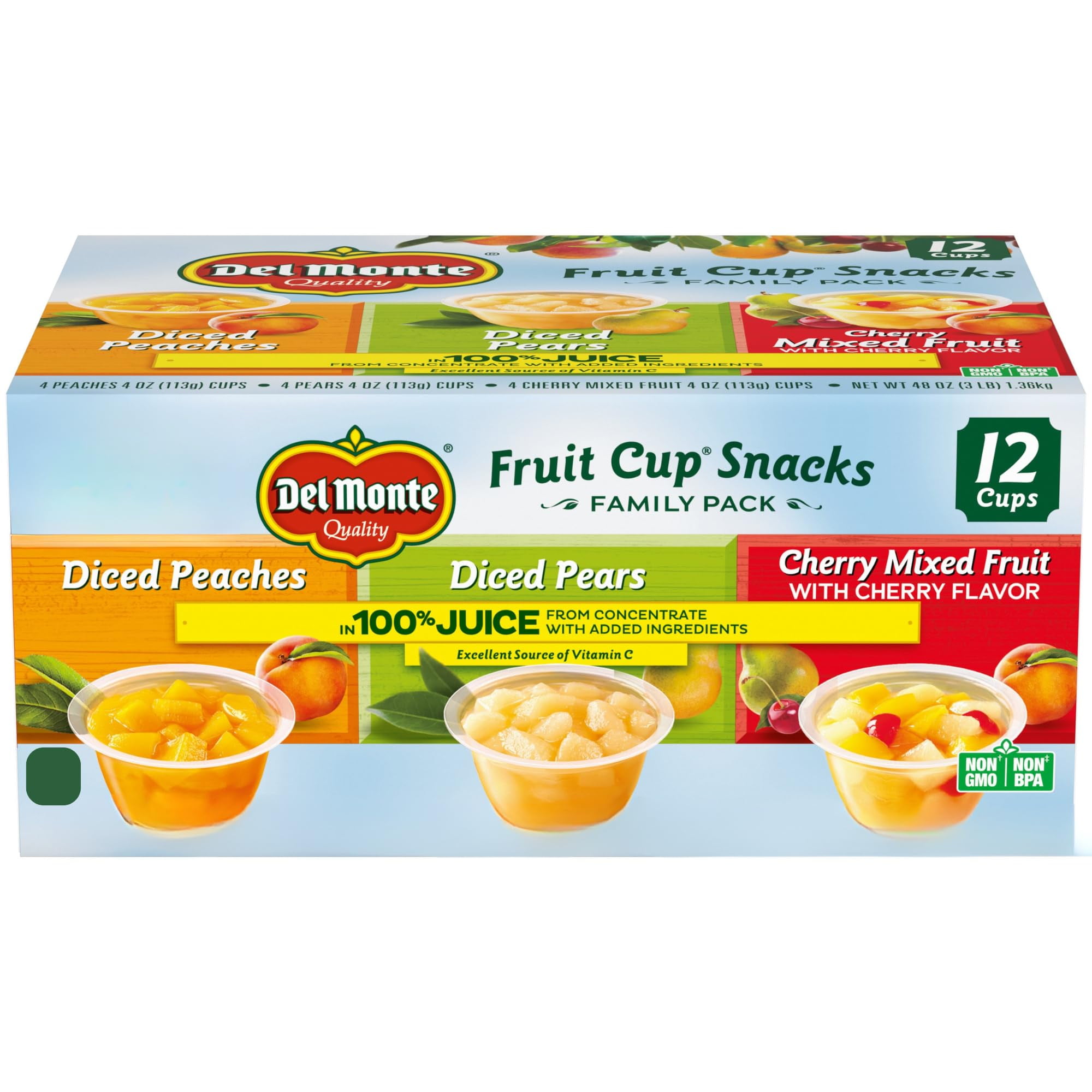 Del Monte Fruit Cup STF9&nbsp;Snacks Variety Pack in 100% Juice, 4 oz Cups (12 Pack) Diced Peaches, Diced Pears, Cherry Mixed Fruit
