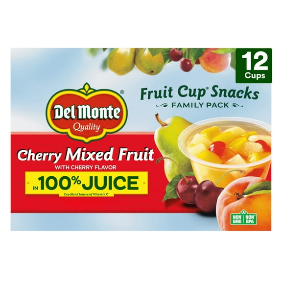 Del Monte Cherry Flavored Mixed Fruit in 100% Juice Fruit Cup Snacks, 4 oz Cup (Pack of 12)