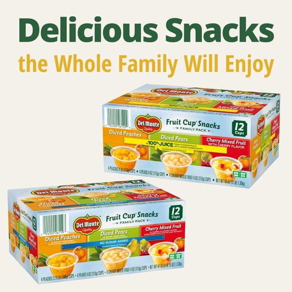 Del Monte Fruit Cup Snacks Variety Pack No Sugar Added 4 oz Cups (Pack of 12)