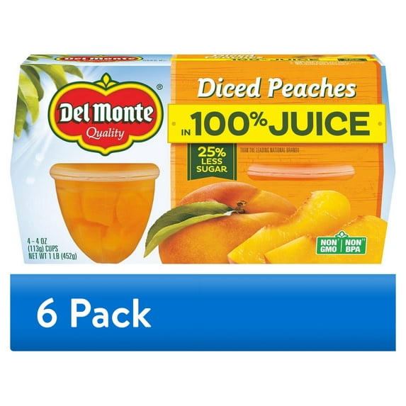 (6 pack) (4 Cups) Del Monte Diced Peaches Fruit Cup Snacks, 100% Juice, 4 oz