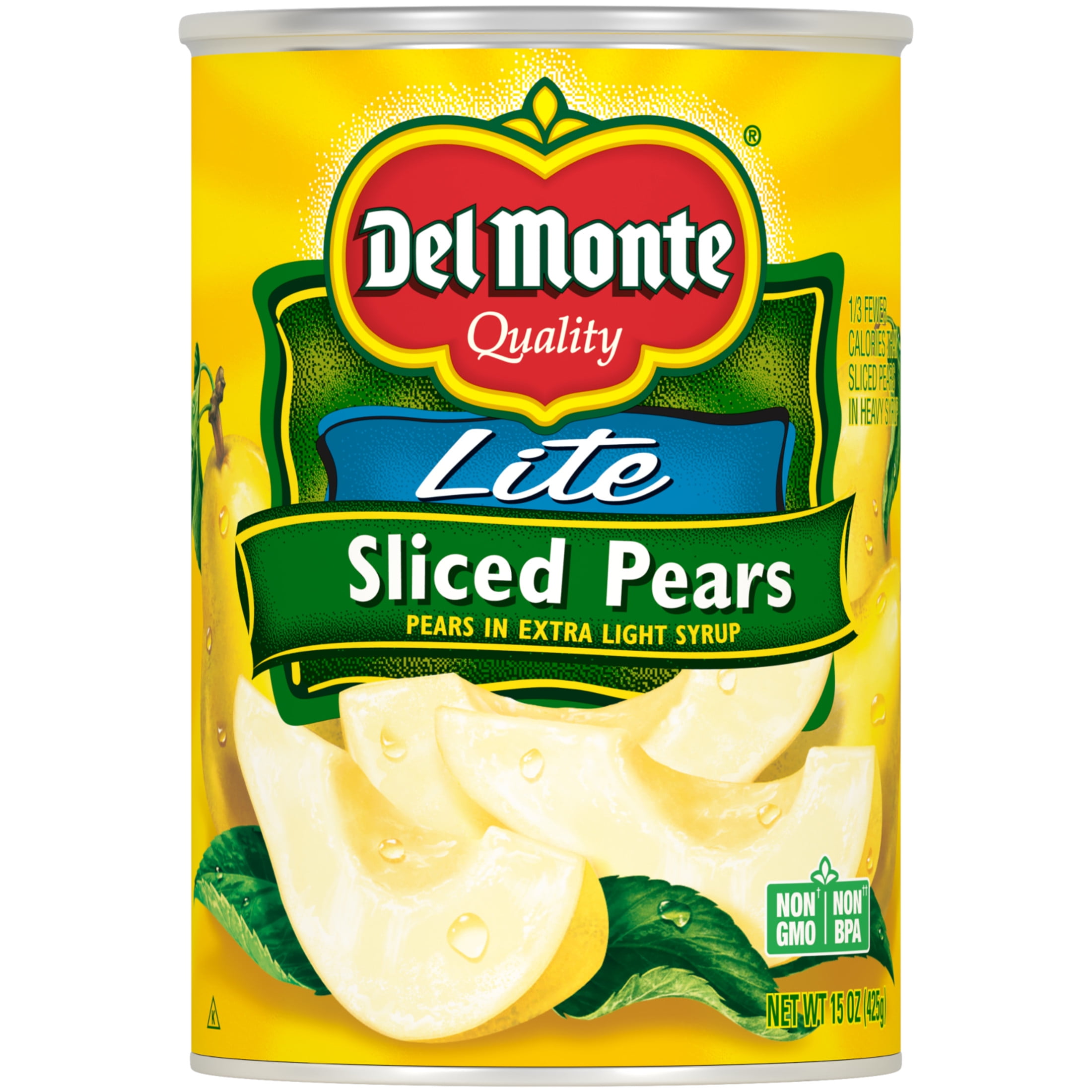 Del Monte Lite Sliced Bartlett Pears, Canned Fruit, 15 oz Can