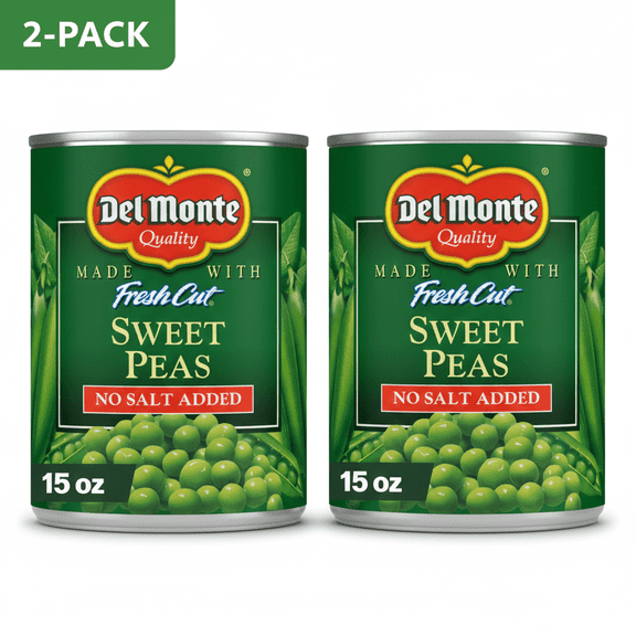 Del Monte No Salt Added Sweet Peas, Canned Vegetables, (2-Pack Combo) 15 oz Can