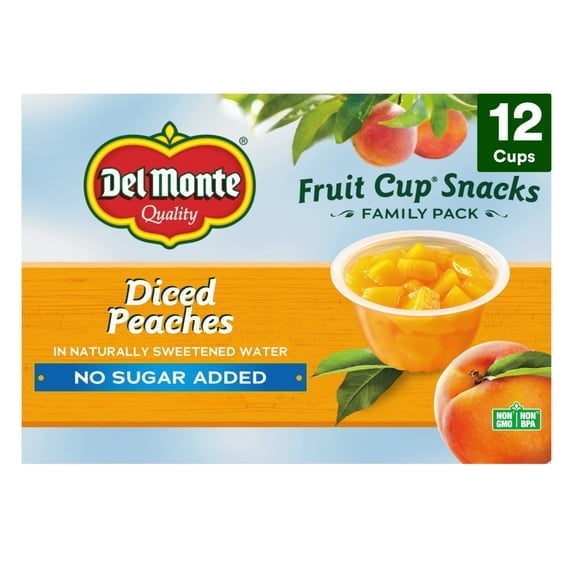 Del Monte No Sugar Added Diced Peaches Fruit Cup Snacks 3.75 oz Cup (Pack of 12) - 4 pack