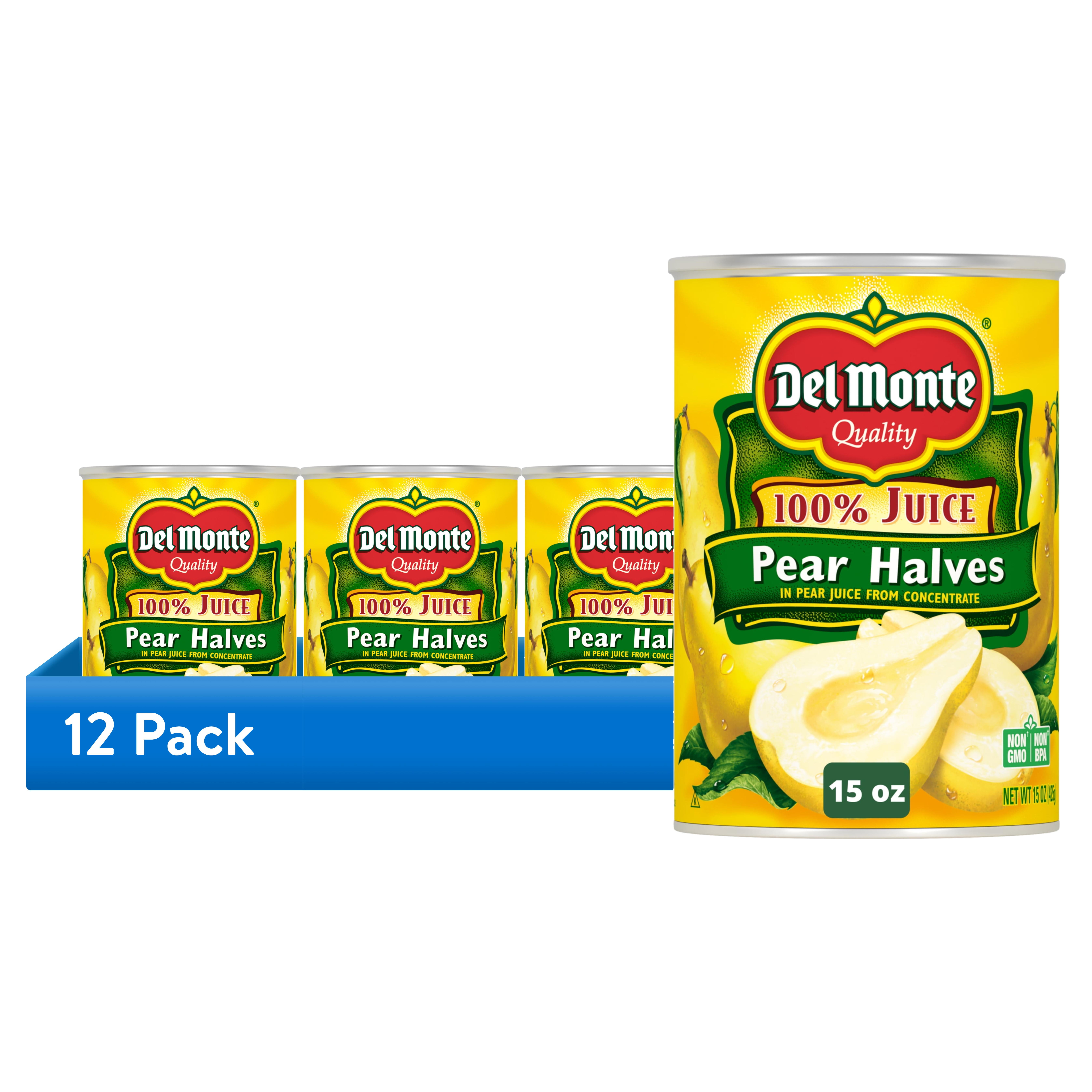 (12 pack) Del Monte Pear Halves in 100% Juice, Canned Fruit, 15 oz Can