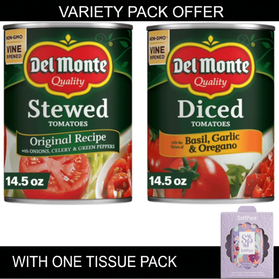 Del Monte Stewed Tomatoes with Onions, Celery and Green Peppers, 14.5 oz | Del Monte Diced Tomatoes with the Flavors of Basil, Garlic & Oregano, 14.5 oz