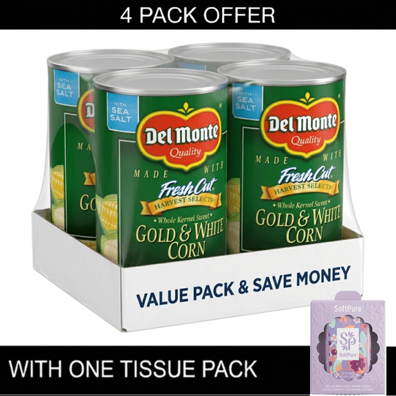 Del Monte Sweet Gold and White Whole Kernel Corn, Canned Vegetables, 15.25 oz Cans