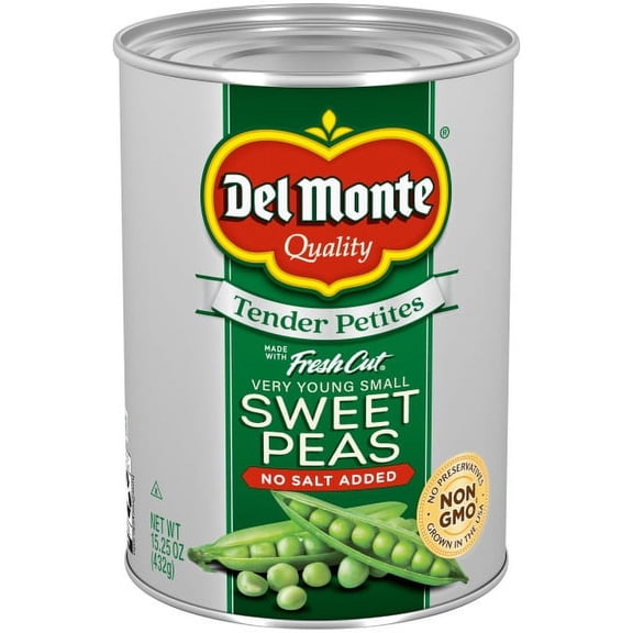 Del Monte Tender Petites Very Young Small Sweet Peas, No Salt Added, 15.25 oz. Can (Pack of 4)