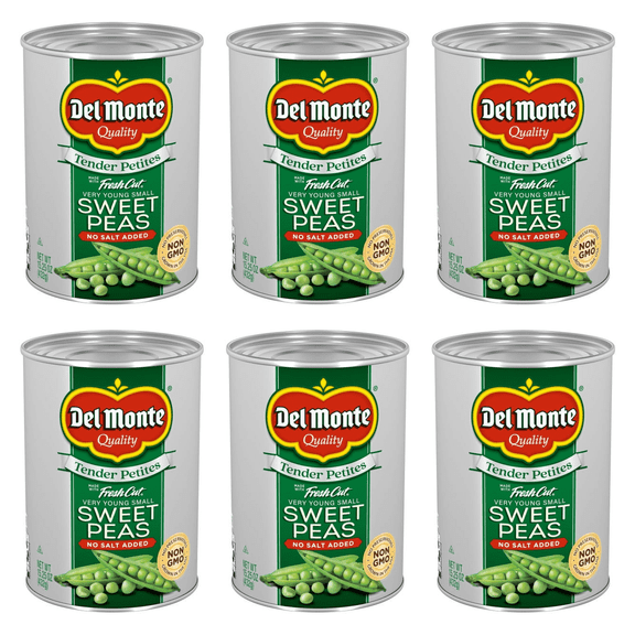 Del Monte Tender Petites Very Young Small Sweet Peas, No Salt Added, 15.25 oz. Can (Pack of 6)