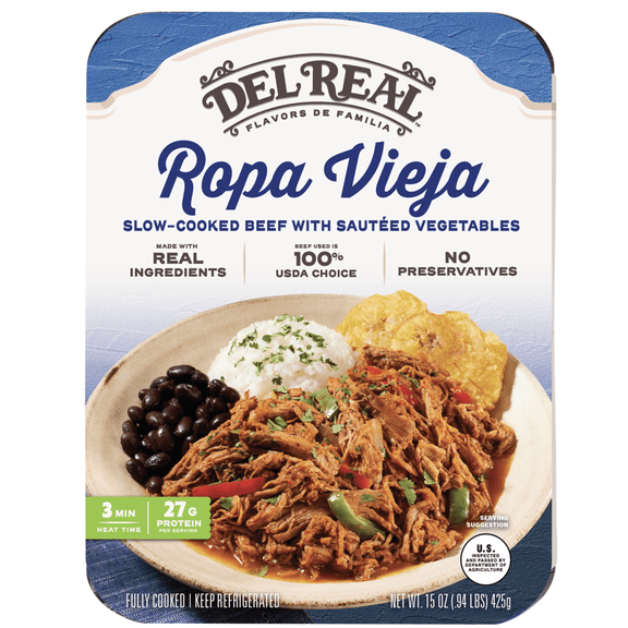 Del Real Foods Slow-Cooked Beef Ropa Vieja with Vegetables, Fully Cooked Packaged Meal, 15 oz