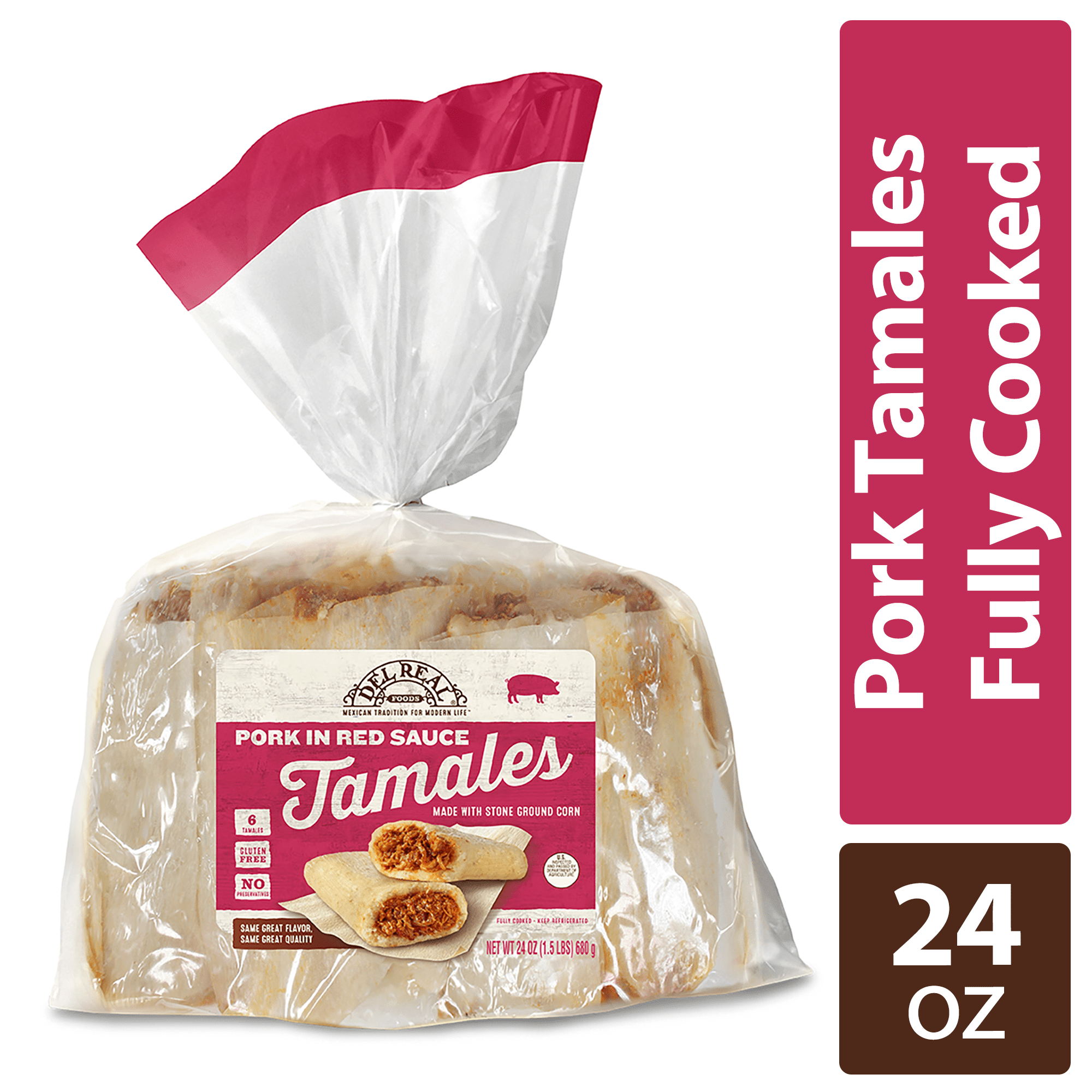 Del Real Foods Pork in Red Sauce Tamales, 6 Tamales, 24 oz (Fully