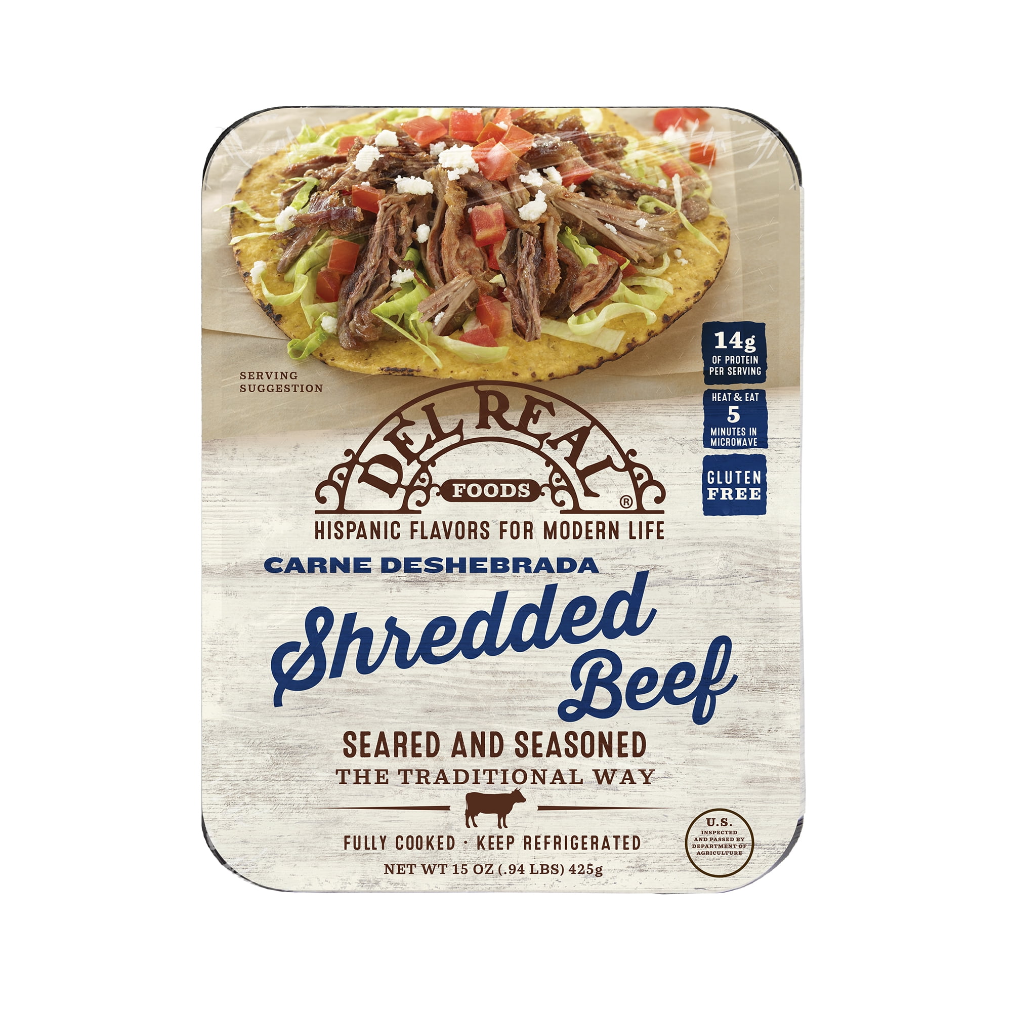 Del Real Foods Shredded Beef, 15 Oz (Fully Cooked), 06/26/2023