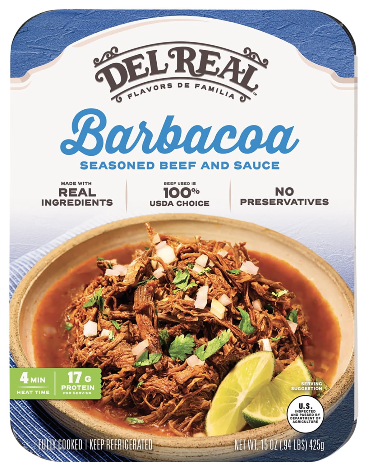 Del Real Foods Slow Cooked Beef Barbacoa, 15 oz (Cooked)