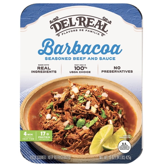 Del Real Foods Slow Cooked Beef Barbacoa, 15 oz (Cooked)