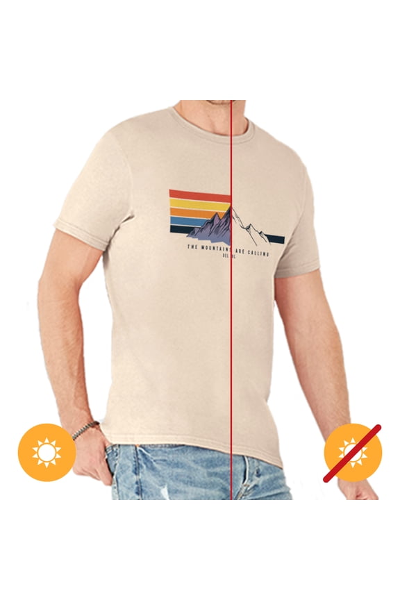 Men's Classic Crew Tee - Mountain Calling, Natural T-Shirt - Changes from Black to Vibrant colors in the Sun - 100% Combed, Ring-Spun Cotton, Fine Jersey