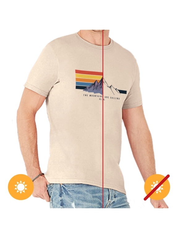 Men's Classic Crew Tee - Mountain Calling, Natural T-Shirt - Changes from Black to Vibrant colors in the Sun - 100% Combed, Ring-Spun Cotton, Fine Jersey