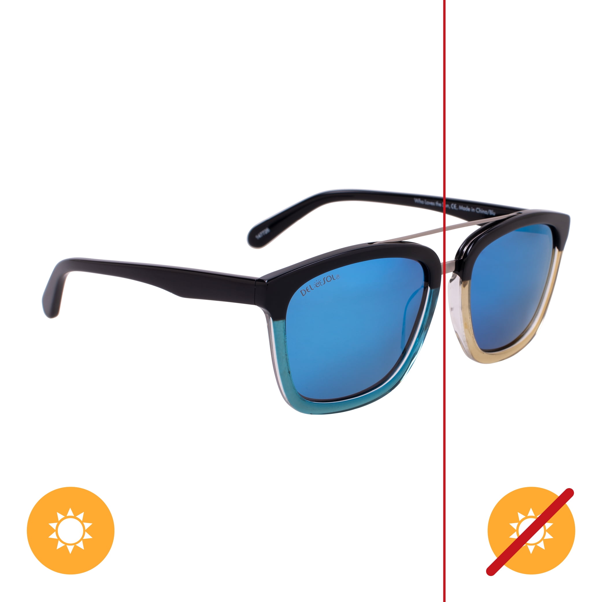 Del Sol Solize Color-Changing Unisex Sunglasses - Who Loves the Sun - Changes Color from Black & Clear to Blue in the Sun - Polarized Pro, Mirrored Lens, 100% UVA/UVB Protection