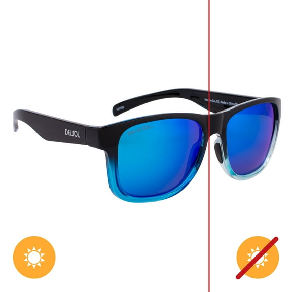 Del Sol Solize Color-Changing Unisex Sunglasses - Into the Sun - Changes Color from Black & Clear to Blue in the Sun - Polarized Pro, Mirrored Lens, 100% UVA/UVB Protection