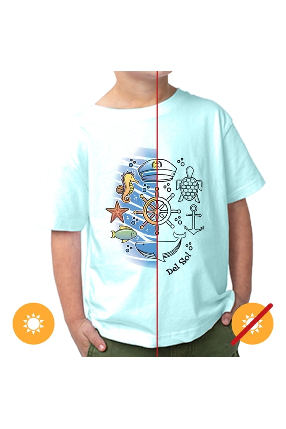 Toddler Boys Crew Tee - Sea Adventure, Chill Blue T-Shirt - Changes from Black to Vibrant colors in the Sun - 100% Combed, Ring-Spun Cotton, Fine Jersey, Relaxed Fit