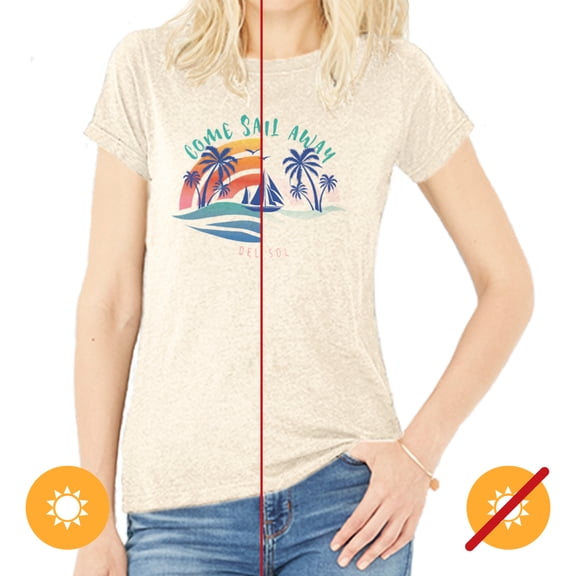 Del Sol Women's Boyfriend Tee - Come Sail Away, Natural Heather T-Shirt - Changes from Blue to Vibrant colors in the Sun - 90% Combed, Ring-Spun Cotton, Fine Jersey, 10% Polyester - Size XL