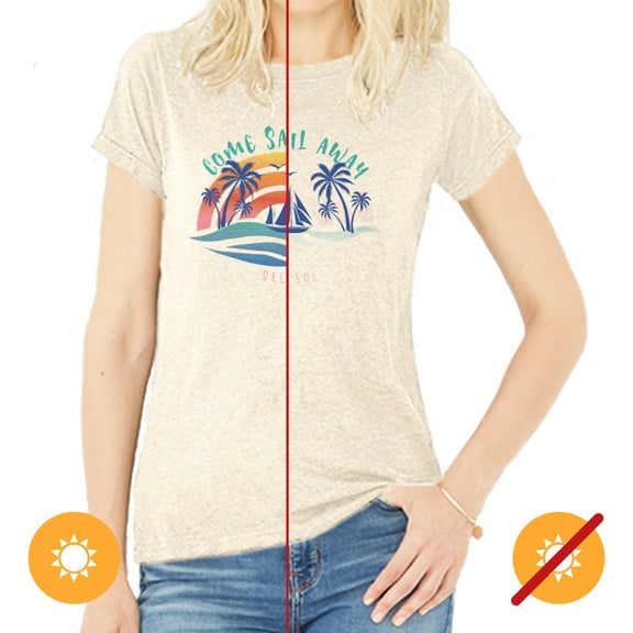 Del Sol Women's Boyfriend Tee - Come Sail Away, Natural Heather T-Shirt - Changes from Blue to Vibrant colors in the Sun - 90% Combed, Ring-Spun Cotton, Fine Jersey, 10% Polyester - Size L