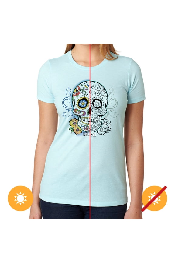 Women's Premium Crew Tee - Day of the Dead, Ice Blue T-Shirt - Changes from White & Black to Vibrant colors in the Sun - 60% Combed, Ring-Spun Cotton, 40% Polyester Jersey