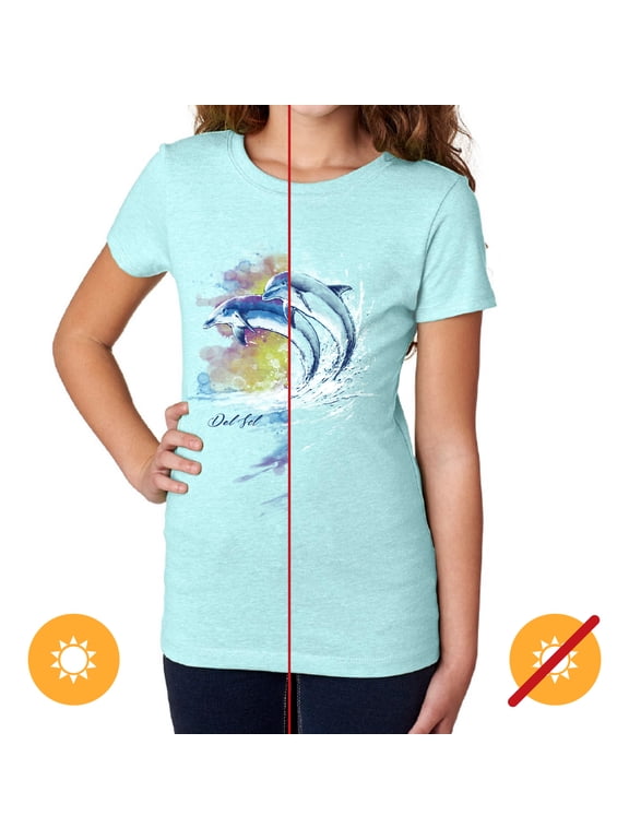 Women's Premium Crew Tee - Watercolor Dolphin, Ice Blue T-Shirt - Changes from Blue to Vibrant colors in the Sun - 60% Combed, Ring-Spun Cotton, 40% Polyester Jersey