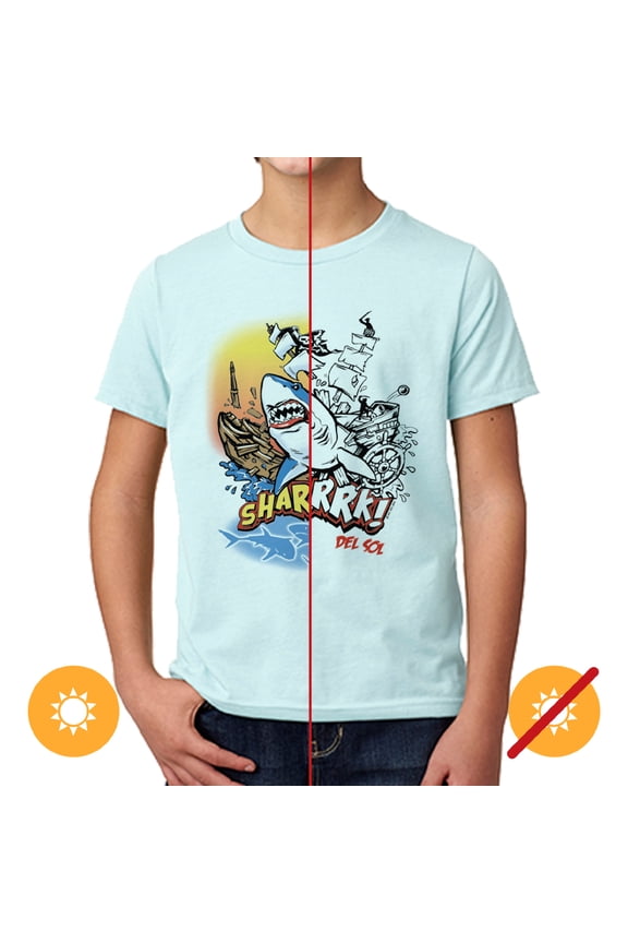 Youth Boys Premium Crew Tee - Sharrrk!, Ice Blue T-Shirt - Changes from Black to Vibrant colors in the Sun - 100% Combed, Ring-Spun Cotton, Relaxed Fit