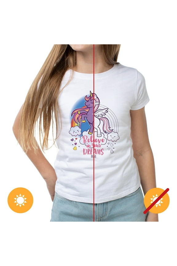 Youth Girls Crew Tee - Believe, White T-Shirt - Changes from Pink & White to Vibrant colors in the Sun - 100% Combed, Ring-Spun Cotton, Short Sleeve