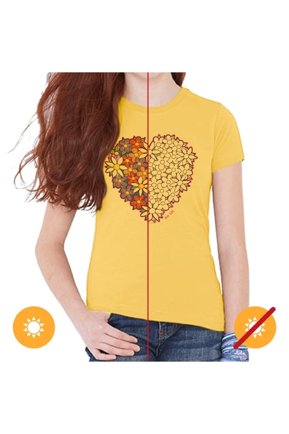 Youth Girls Crew Tee - I Heart Flowers, Butter T-Shirt - Changes from Purple to Vibrant colors in the Sun - 100% Combed, Ring-Spun Cotton, Short Sleeve