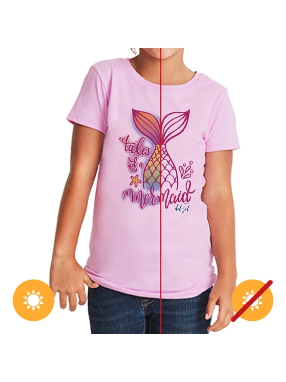 Youth Girls Crew Tee - Tales of a Mermaid, Lilac T-Shirt - Changes from Pink to Vibrant colors in the Sun - 100% Combed, Ring-Spun Cotton, Short Sleeve