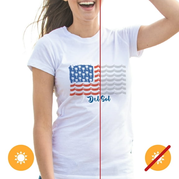 Del Sol Youth Girls Crew Tee - Tropical Americana, White T-Shirt - Changes from Gray & White to Red, White & Blue colors in the Sun - 100% Combed, Ring-Spun Cotton, Short Sleeve