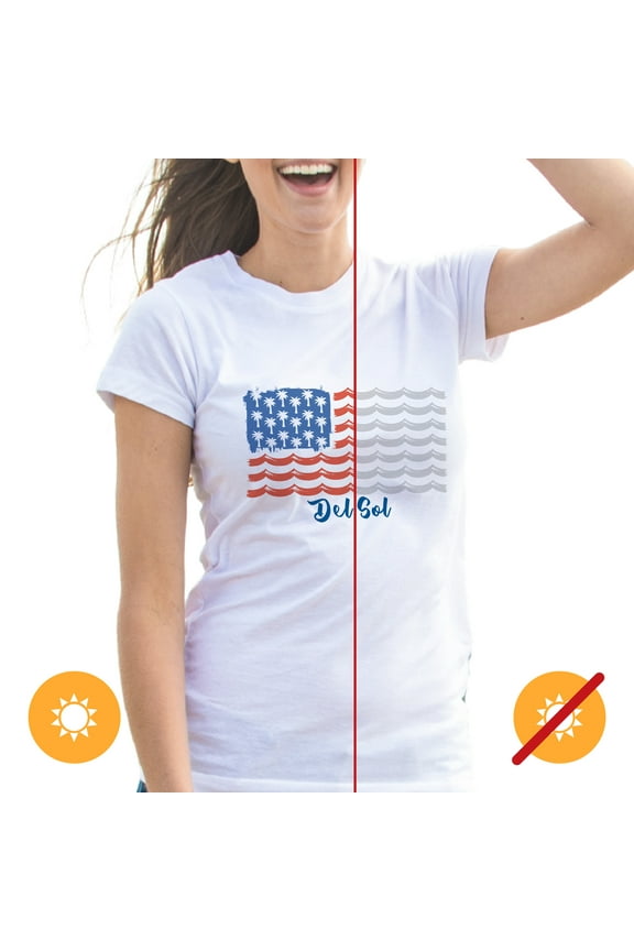 Youth Girls Crew Tee - Tropical Americana, White T-Shirt - Changes from Gray & White to Red, White & Blue colors in the Sun - 100% Combed, Ring-Spun Cotton, Short Sleeve