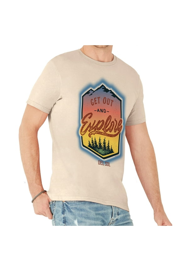 Men Crew Tee - Get Out And Explore - Beige by DelSol for Men - 1 Pc T-Shirt (Large)
