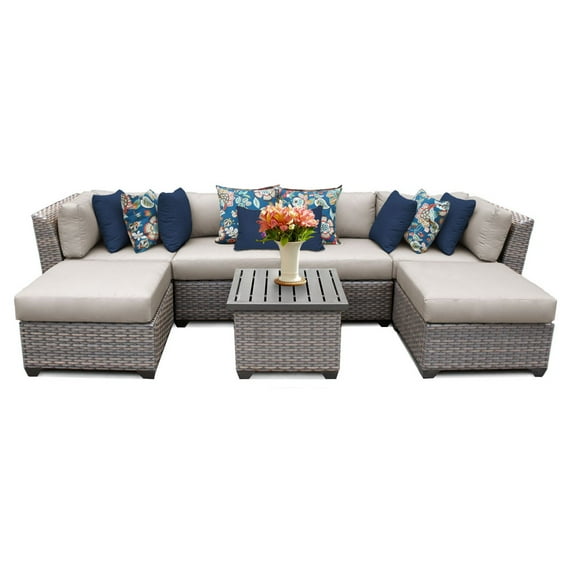 TK Classics Florence Wicker 7 Piece Patio Conversation Set with 2 Sets of Cushion Covers