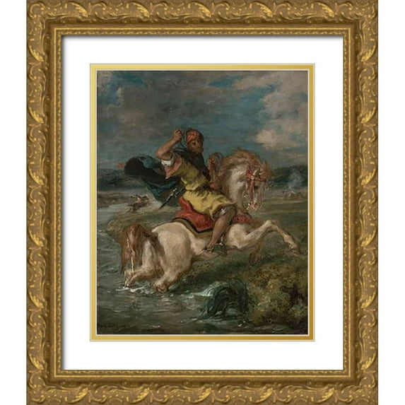 Delacroix, Eugene 26x32 Gold Ornate Wood Framed with Double Matting Museum Art Print Titled - Moroccan Horseman Crossing a Ford