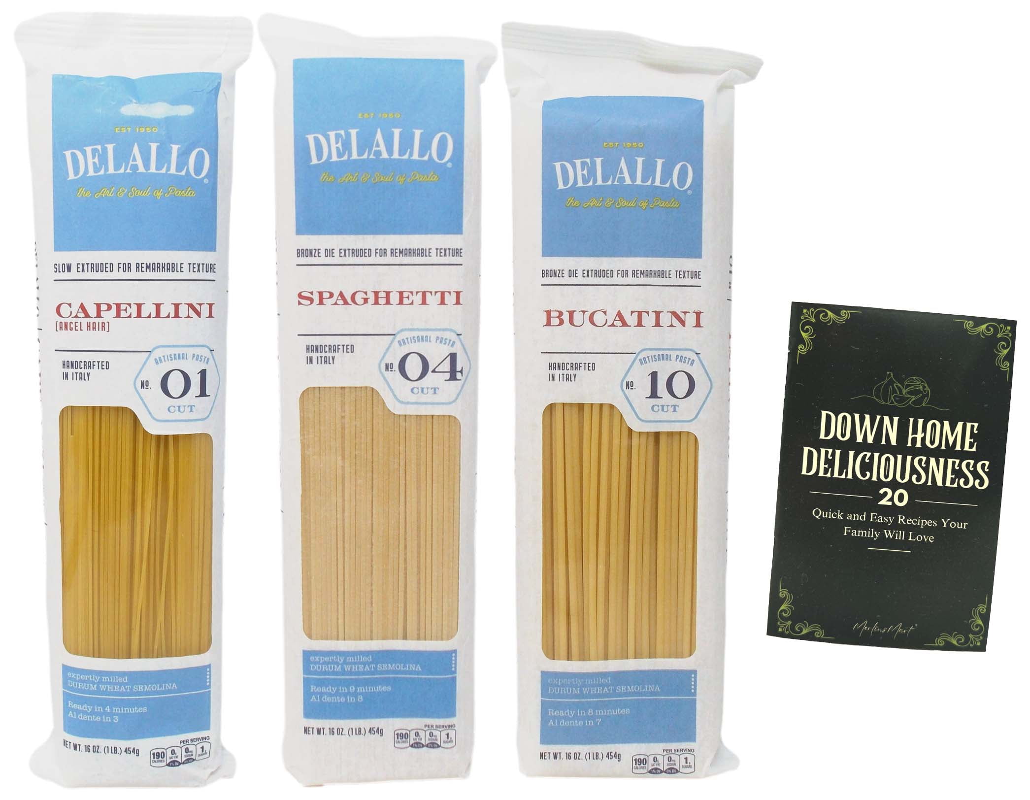 Delallo Imported Italian Wheat Pasta 3 Shape Variety: Bucatini, Spaghetti, Capellini + MerlinsMart Zine