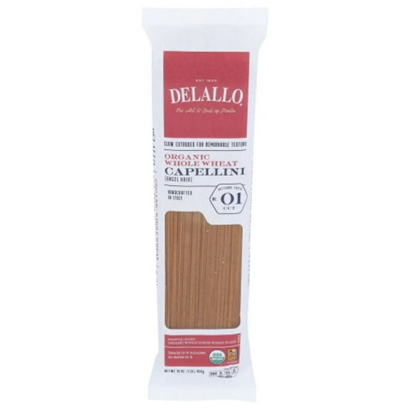 Delallo Organic Whole Wheat Capellini Pasta 16 oz Pack of 4