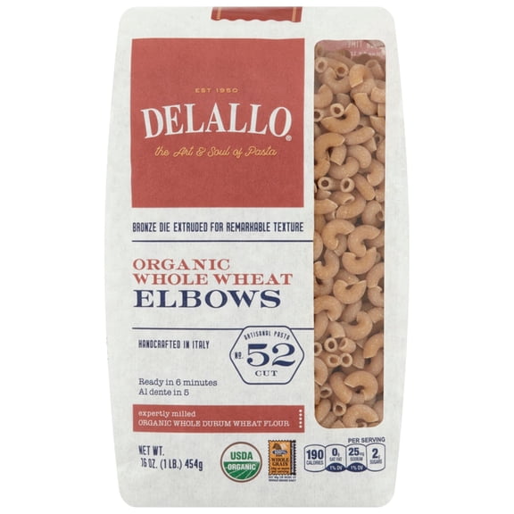 DeLallo Whole Wheat Elbow Pasta, Organic, Made in Italy, 16 oz Bag