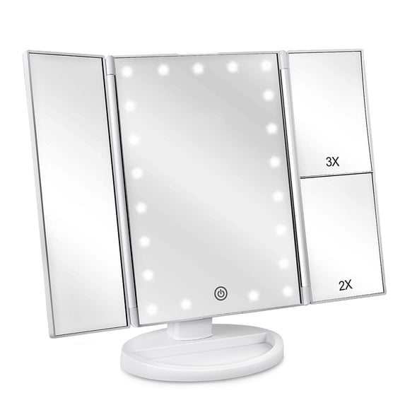 Delaman Tri-Fold Lighted Vanity Mirror with 21 LED Lights, Touch Screen and 3X/2X/1X Magnification, Two Power Supply Modes Make Up Mirror,Travel Mirror