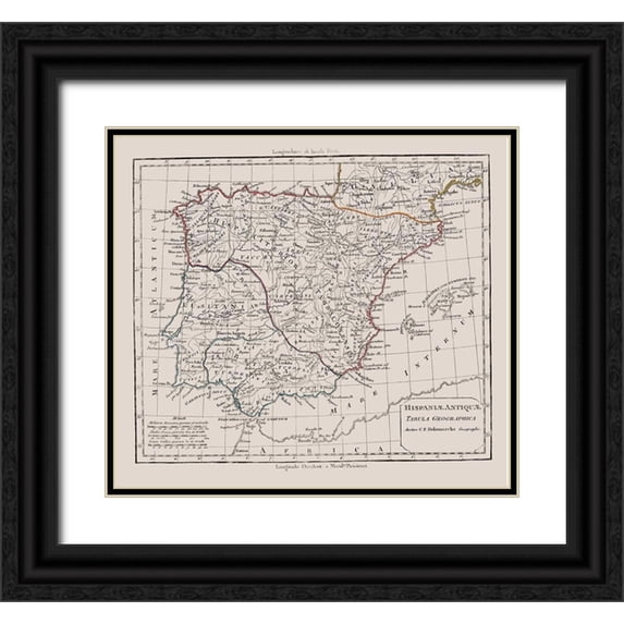 Delamarche 29x26 Black Ornate Wood Framed with Double Matting Museum Art Print Titled - Spain Portugal - Delamarche 1790