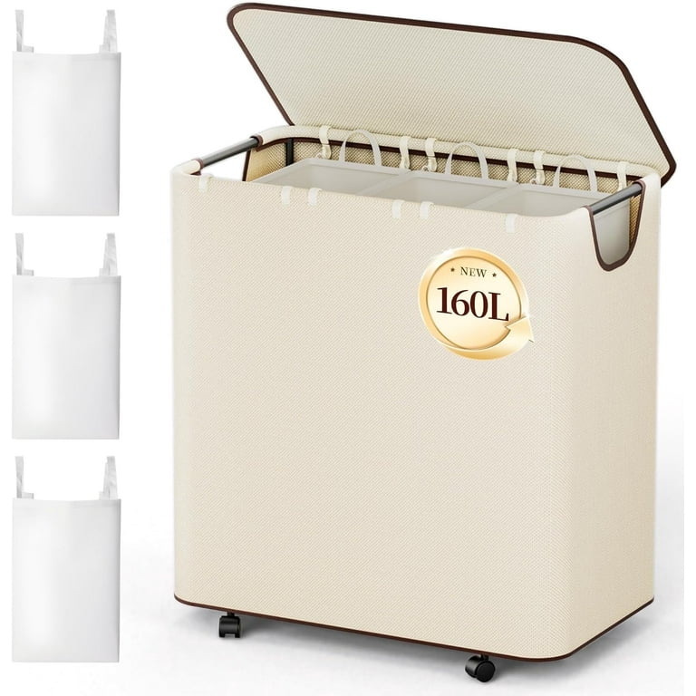 LazySpin 160L 3-Bin Laundry Hamper with Wheels, Beige