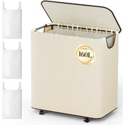 LazySpin 160L 3-Bin Laundry Hamper with Wheels and Lid, Beige