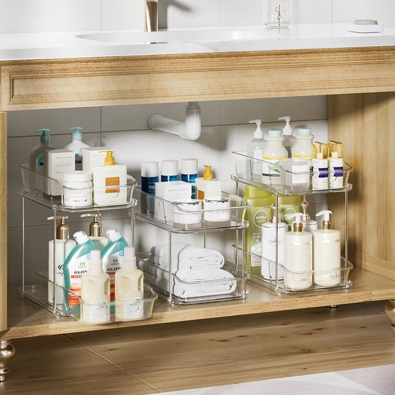 Delamu 2 Pack Bathroom Organizers and Storage, 2 Tier Clear Under Sink Organizer, Pull Out Medicine Cabinet Organizer