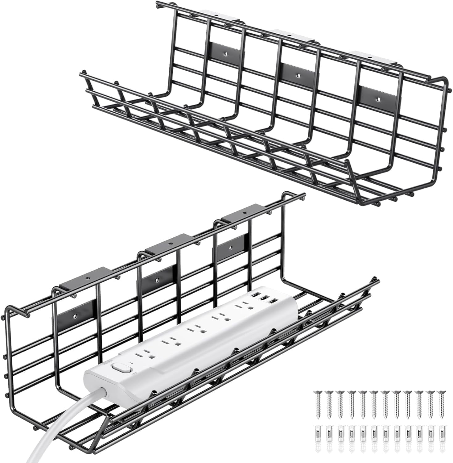 Delamu 2 Pack Under Desk Cable Management Tray, Desk Cord Organizer Cable Management Box, Black