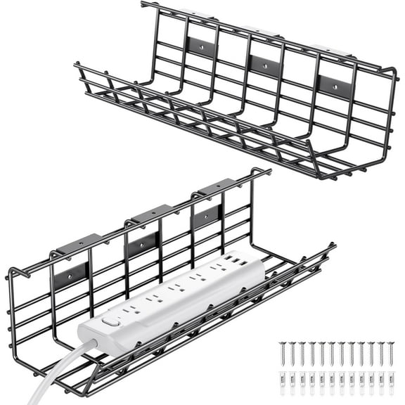 Delamu 2 Pack Under Desk Cable Management Tray ,Desk Cable Management Box for Office, Home - No Damage to Desk, Black