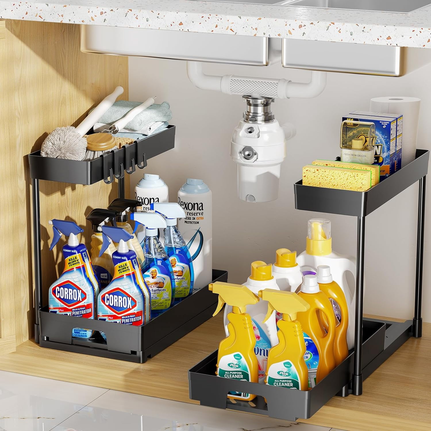 DELAMU 2-TIER L-shape Under Cabinets Storage, Under Sink Organizer Pull out Drawer Organization and Storage for Bathroom, Kitchen, Laundry Room, 2 Pack, Black